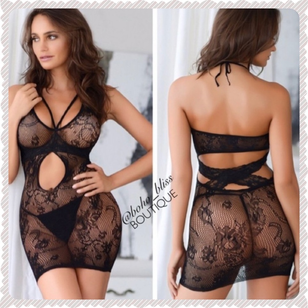 ❤️ Stretch Fishnet & Lace Strappy Lingerie Dress